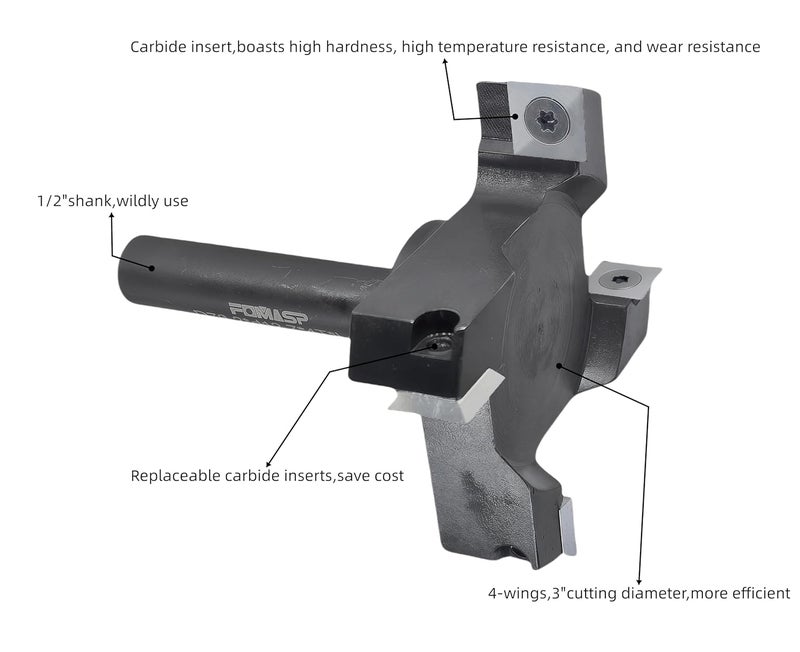 FomaSP CNC Spoilboard Surfacing Router Bit,1/2"(12.7mm) Shank,3"(76.2mm) Cutting Diameter,Slab Flattening Router Bit,Replaceable Carbide Inserts Wood Planer Bit with 4 Wings for Woodworking. - Image 5